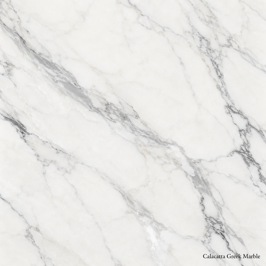 Calacatta Greek Marble with bright Greek white stone, silver-grey threads, smoky ribbons and a luminous polished finish.
