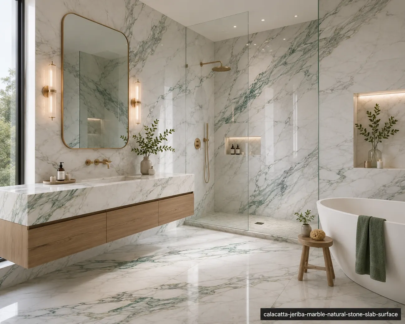 Bold organic vein surface on a bathroom vanity, shower walls and flooring with clean white fields and soft green-grey lines.