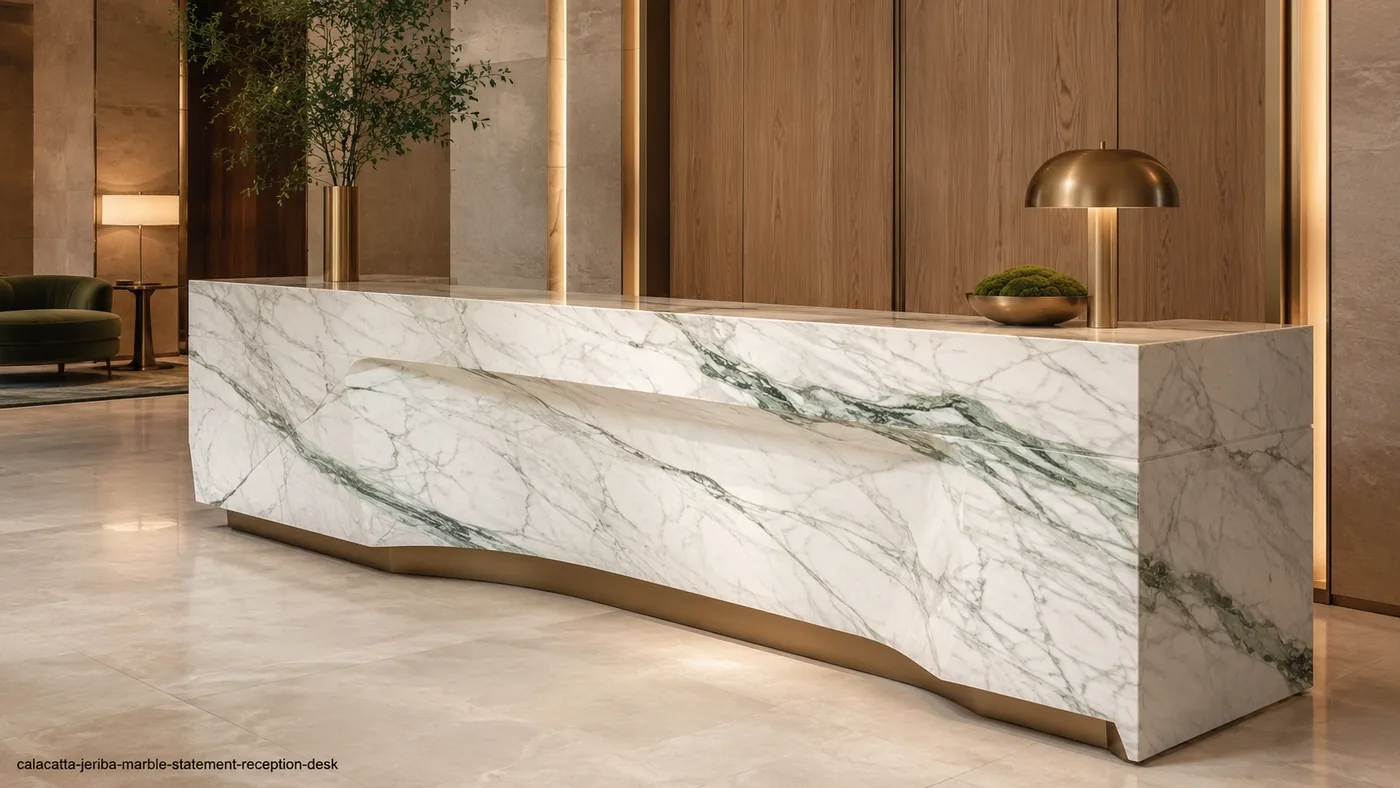 Calacatta Jeriba Marble statement reception desk with white stone and fine grey-green directional veins.