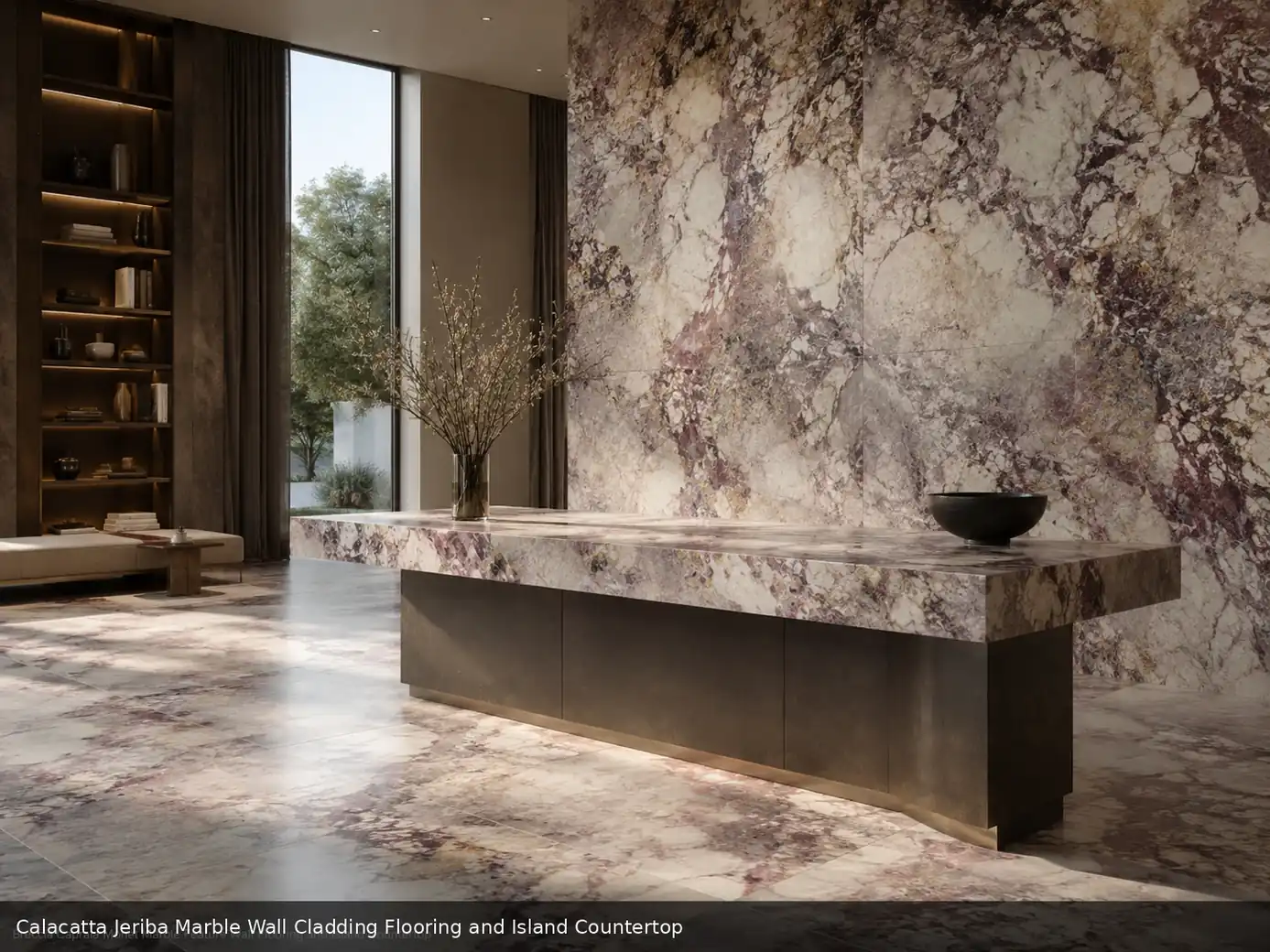 sweeping mineral composition across wall cladding, floor and island countertop, with natural veining in a refined interior.