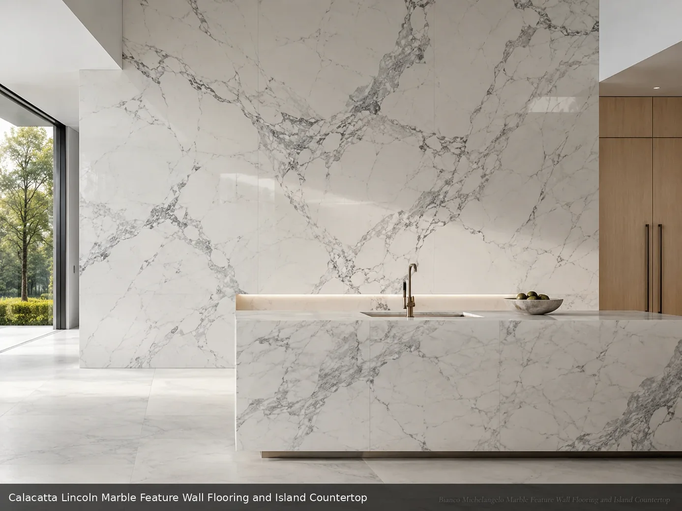 refined sweeping vein texture across feature wall, floor and island countertop, with natural veining in a refined interior.