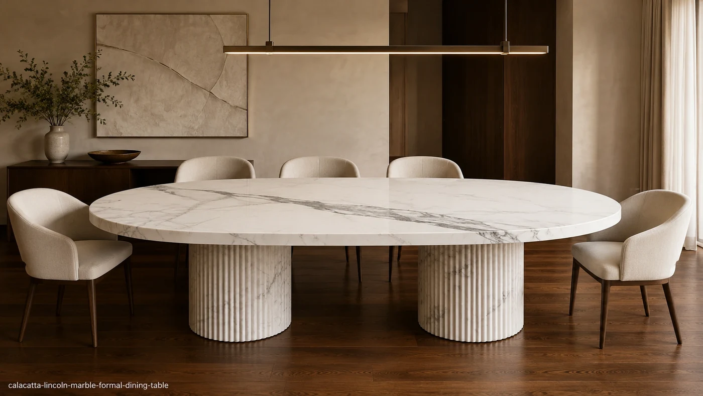 Calacatta Lincoln Marble formal dining table with cloudy white stone, silver-grey veins and sculptural pedestals.