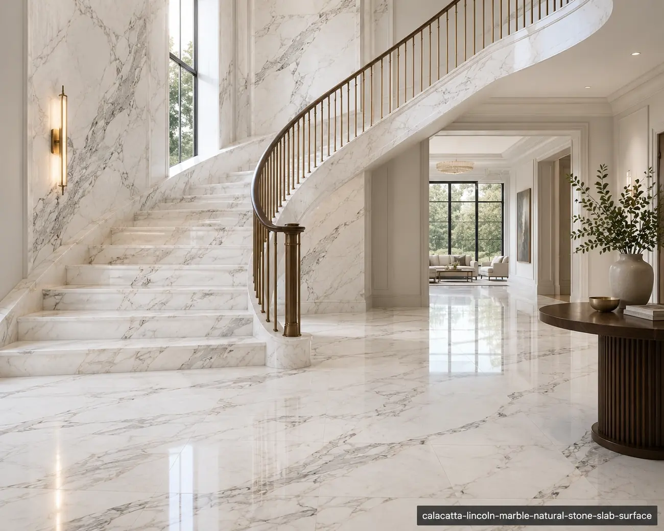 Luminous mountain quarried slab on a foyer staircase, wall cladding and flooring with cloudy white and soft silver veining.