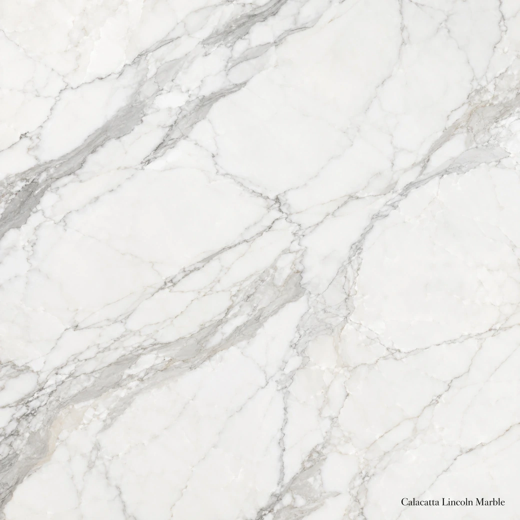 Calacatta Lincoln Marble with brilliant American white stone, silver-grey wisps, soft clouds and a luminous polished finish.