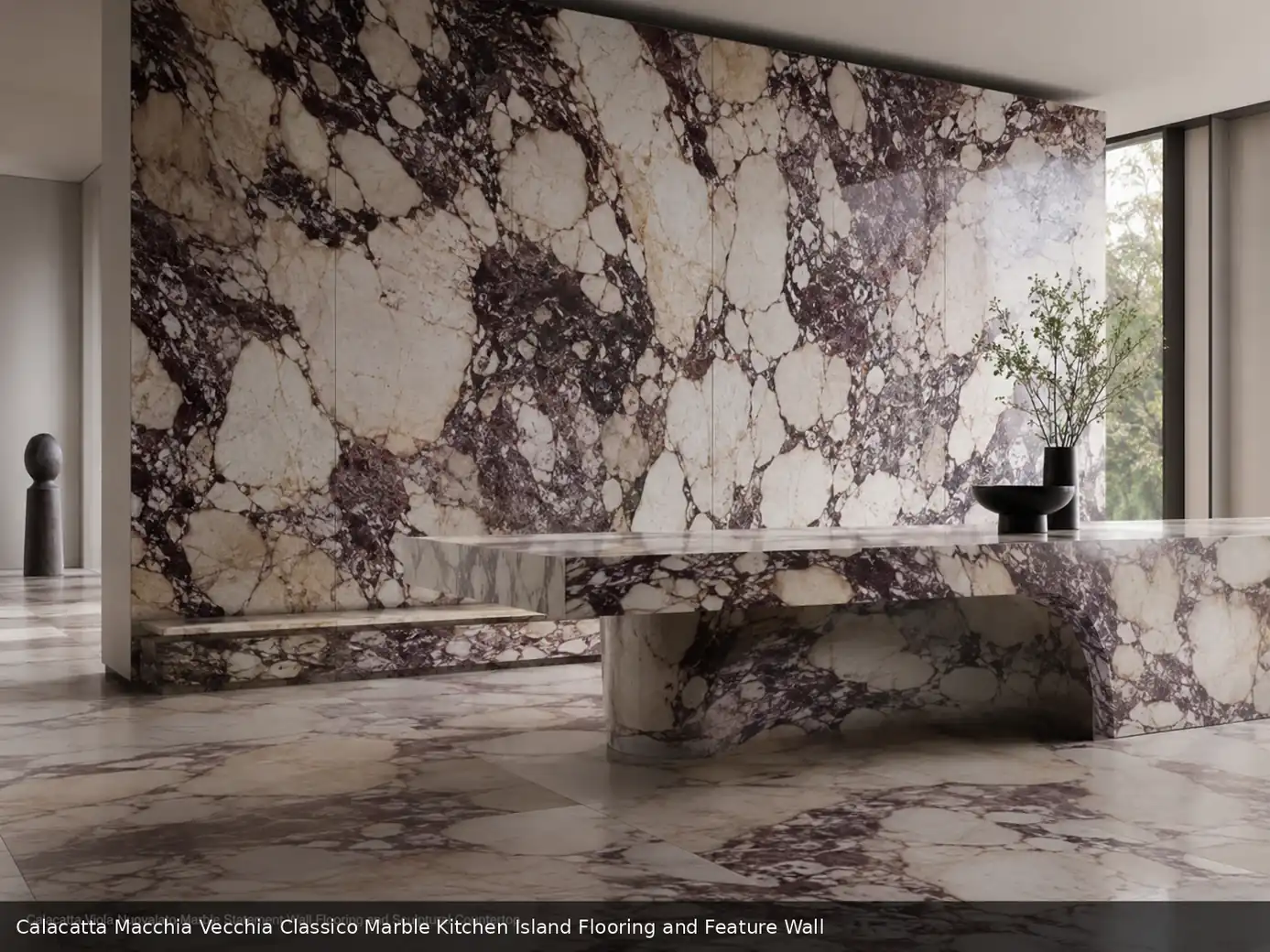 polished heritage feature stone across kitchen island, floor and feature wall, with natural veining in a refined interior.