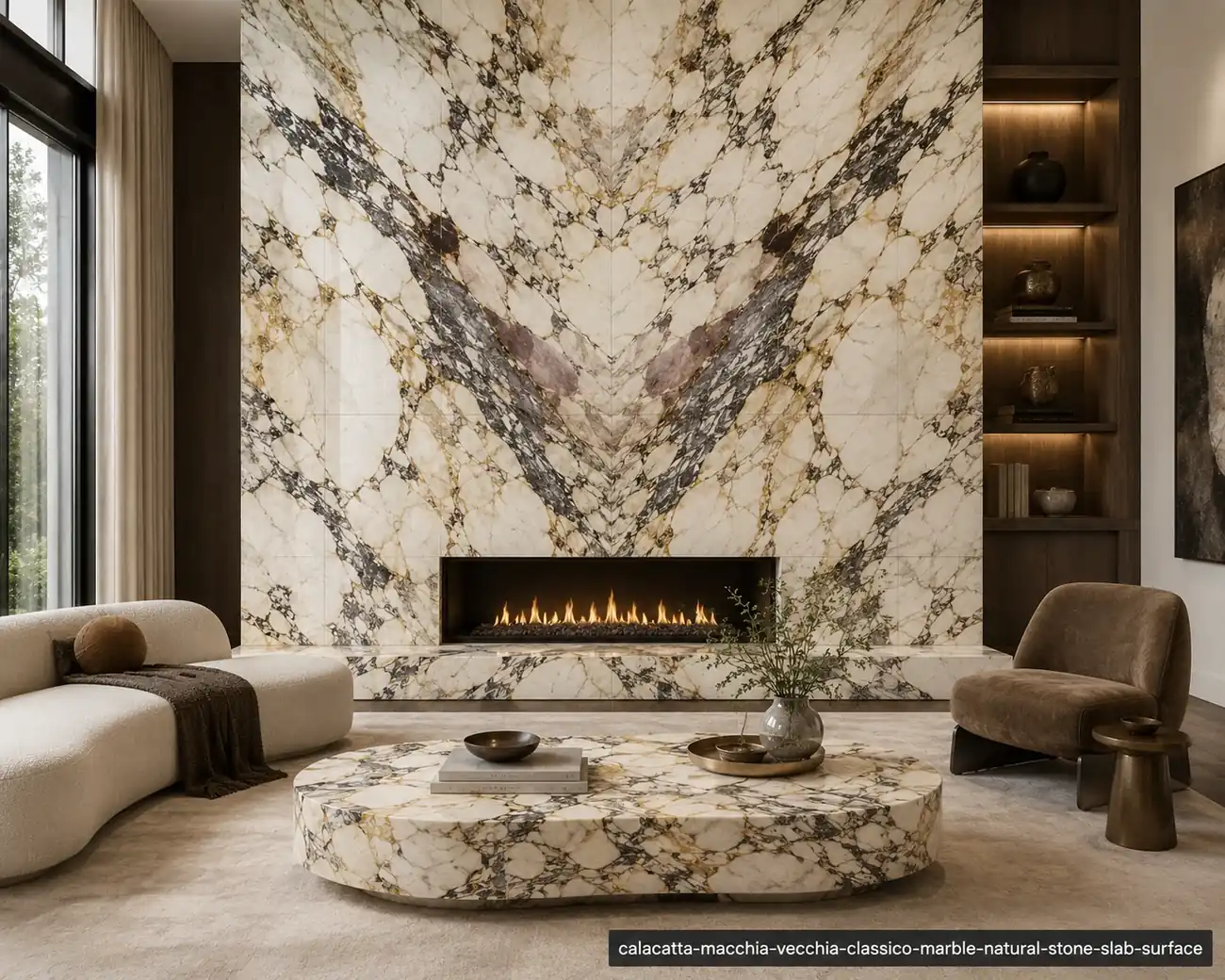 Aged pattern luxury surface on a living room fireplace and coffee table with ivory, charcoal, honey-gold and ochre movement.