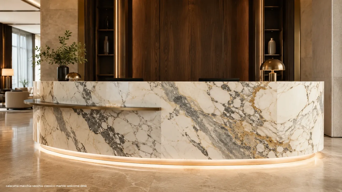 Calacatta Macchia Vecchia Classico Marble welcome desk with creamy stone, charcoal ribbons and honey-gold veining.