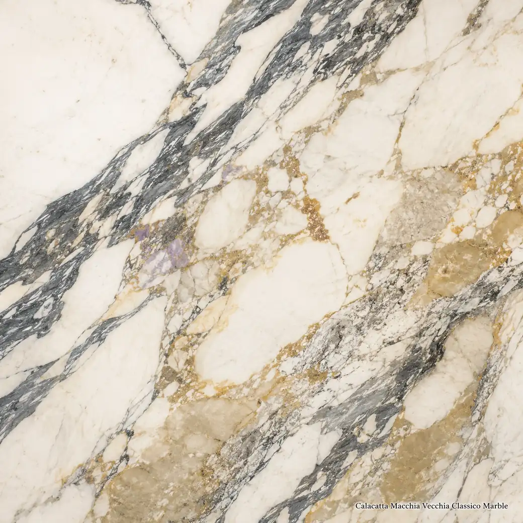 Calacatta Macchia Vecchia Classico Marble with classic warm white statement stone, charcoal ribbons, honey-gold and ochre.
