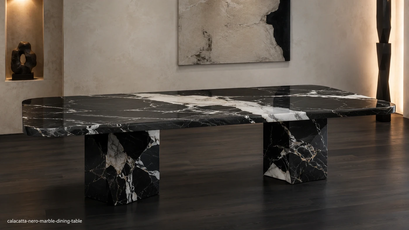 Calacatta Nero Marble dining table with jet-black stone, broad white ribbons and geometric pedestal bases.