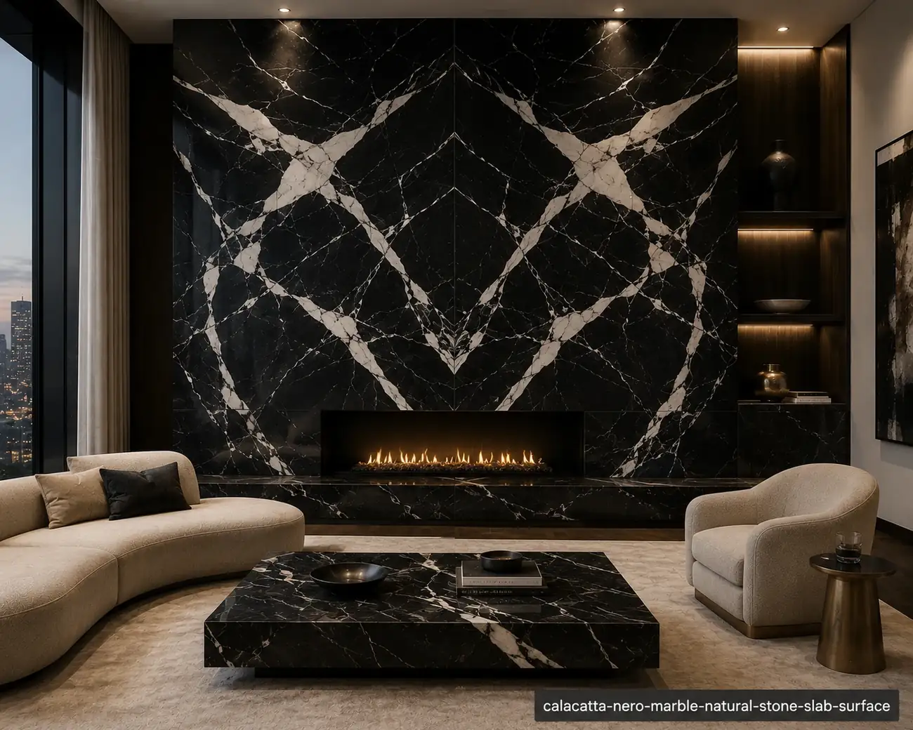 High contrast dark feature slab on a fireplace wall, hearth and console with mirror-black depth and sweeping white veins.
