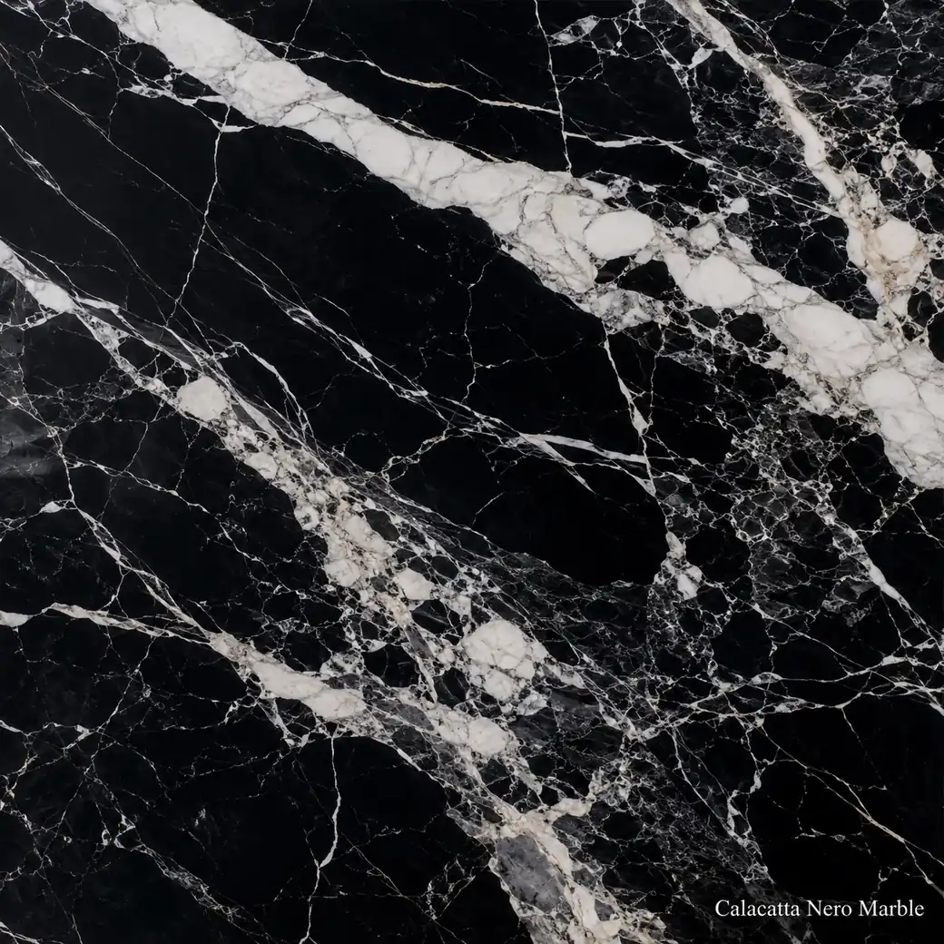 Calacatta Nero Marble with black stone with bold white movement, broad calcite ribbons, grey fractures and polished contrast.