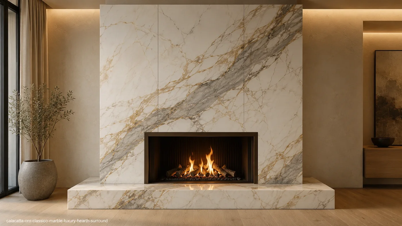 Calacatta Oro Classico Marble hearth surround with warm ivory stone and elegant grey, taupe and gold veining.