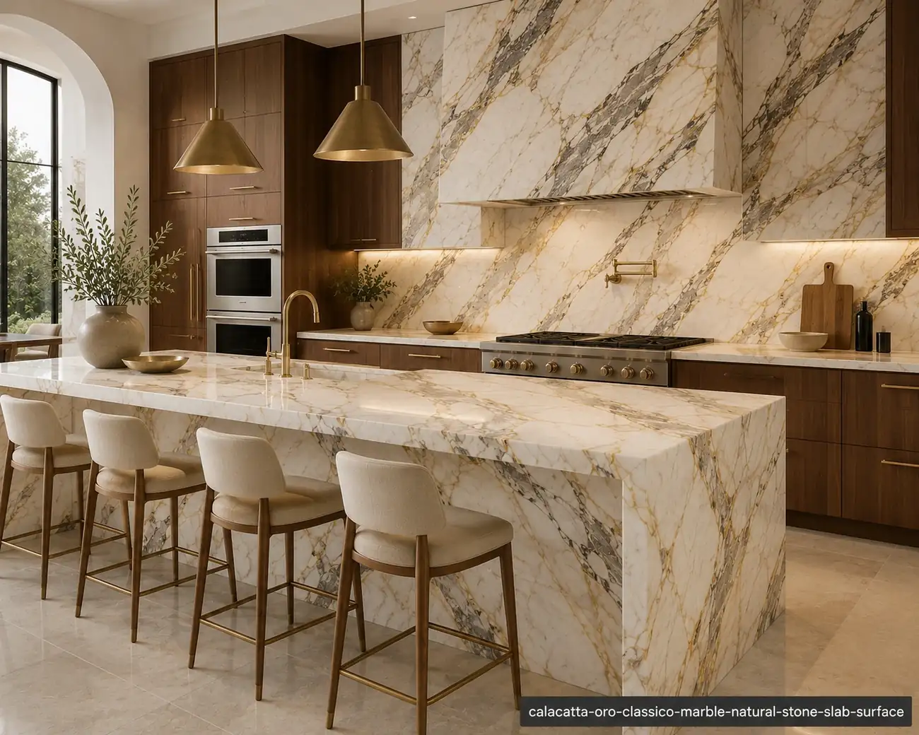Elegant Italian luxury slab on a waterfall kitchen island, backsplash and countertops with milky ivory and grey-gold veining.