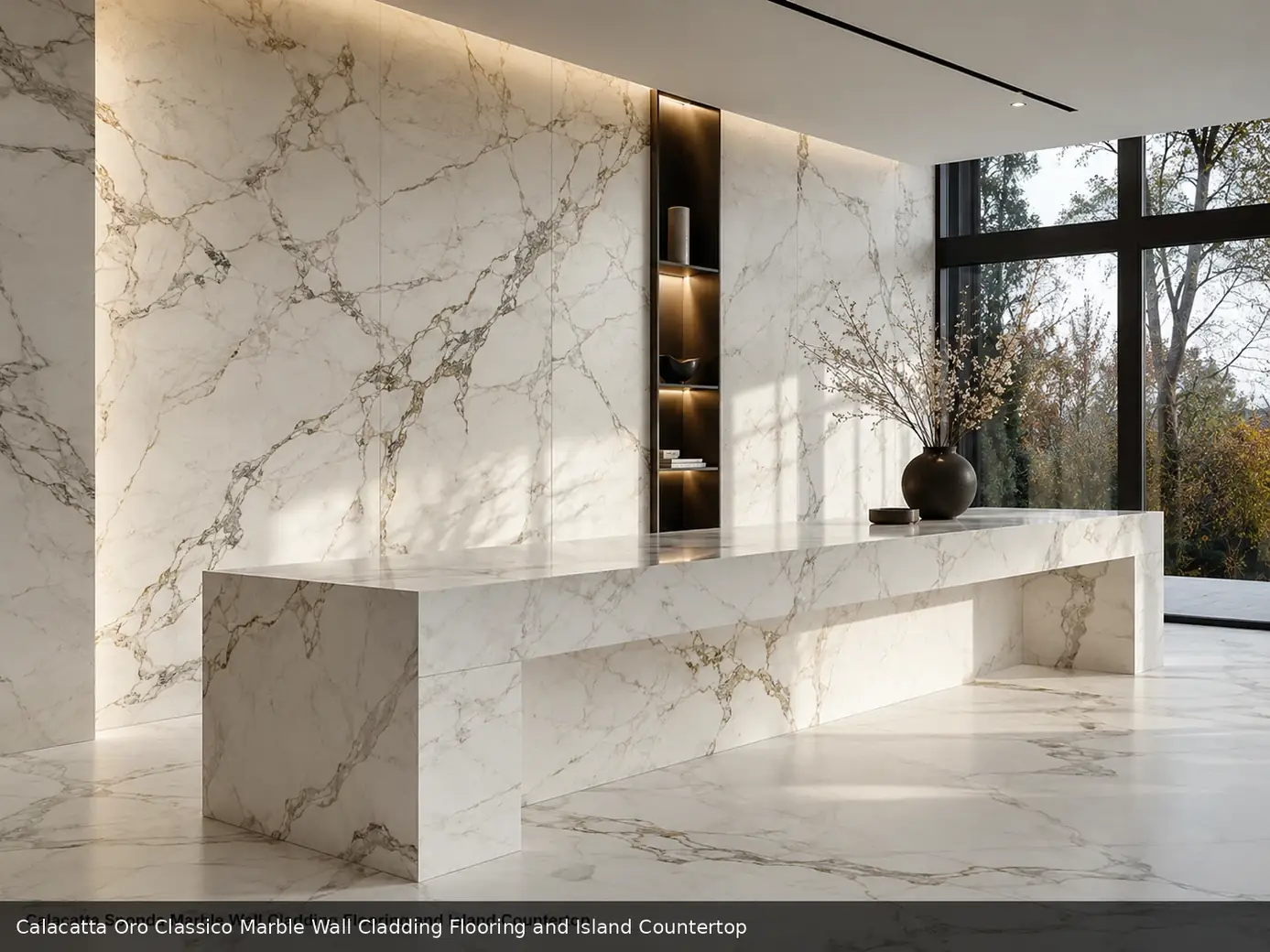 graceful grey gold vein pattern across wall cladding, floor and island countertop, with realistic veining and soft daylight.