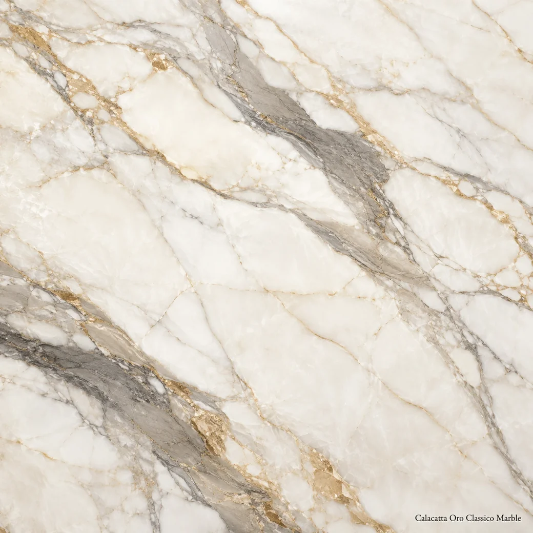 Calacatta Oro Classico Marble with classic white gold veined stone, deep-grey ribbons, taupe movement and polished depth.