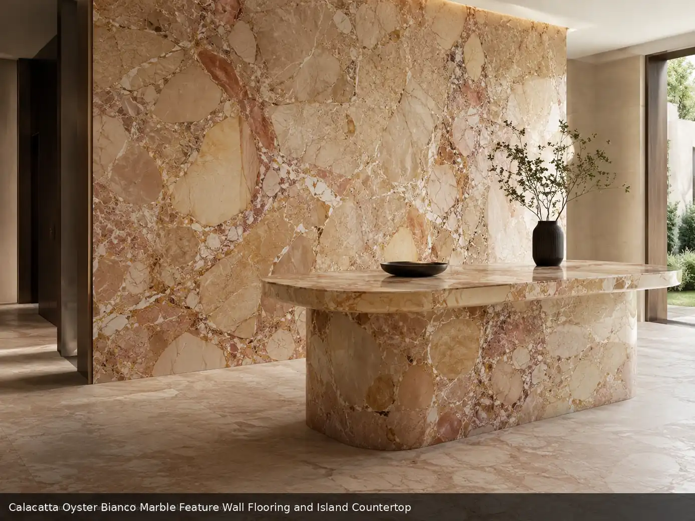 subtle organic movement surface across feature wall, floor and island countertop, with natural veining in a refined interior.