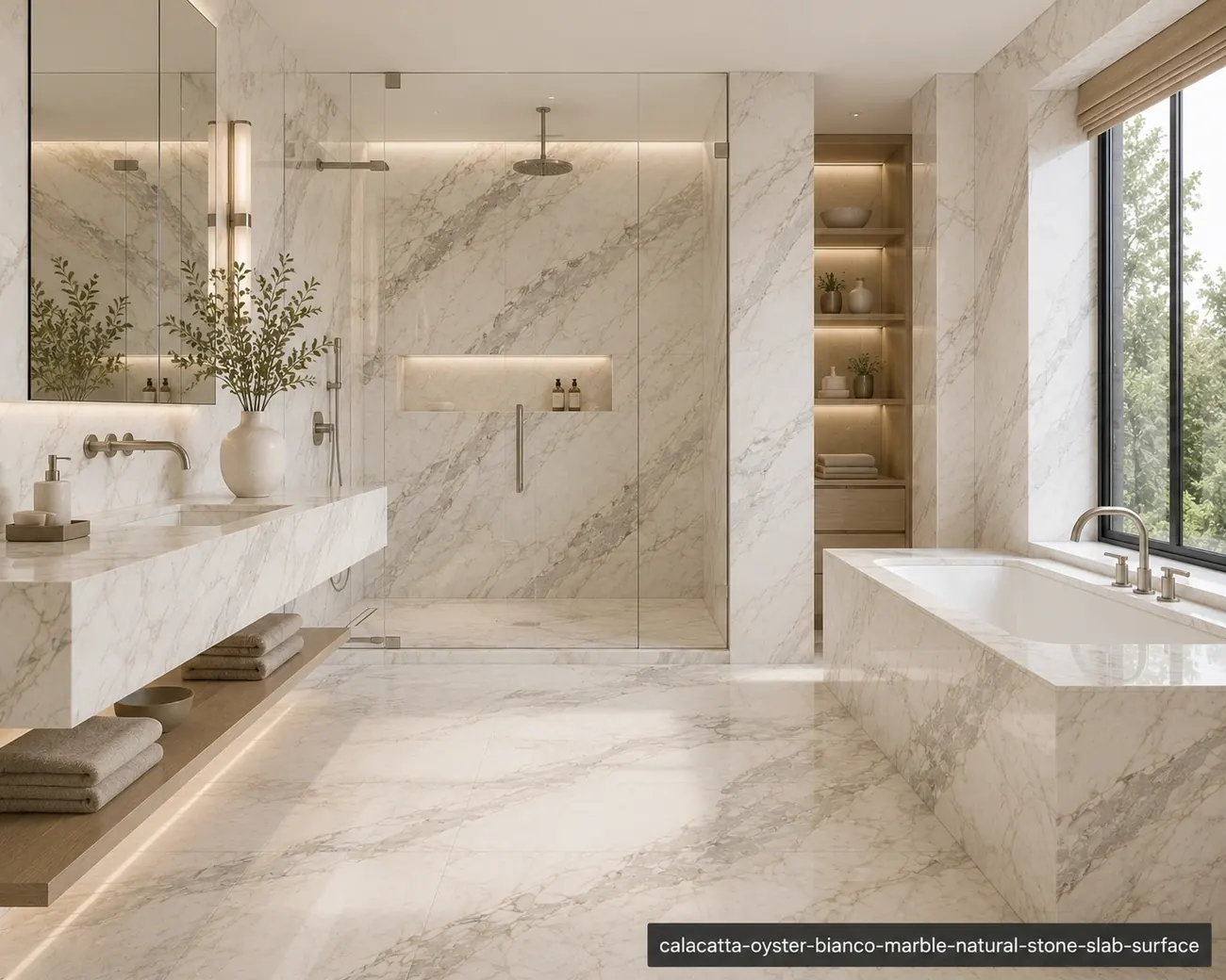 Delicate grey vein texture across a bathroom vanity, shower walls, bathtub surround and flooring with pearly white depth.