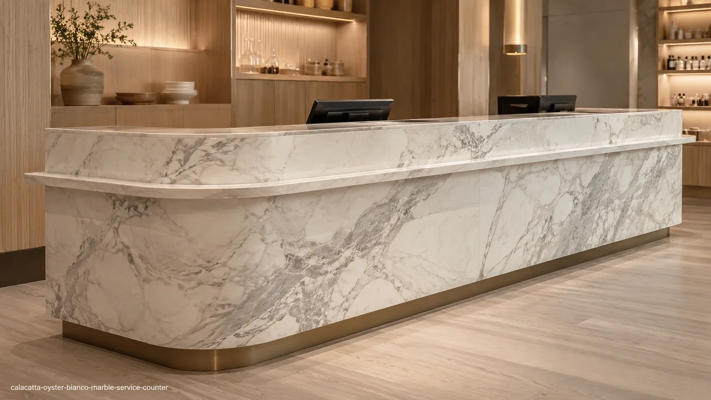 Calacatta Oyster Bianco Marble service counter with pearly white stone, grey veins and shell-beige undertones.