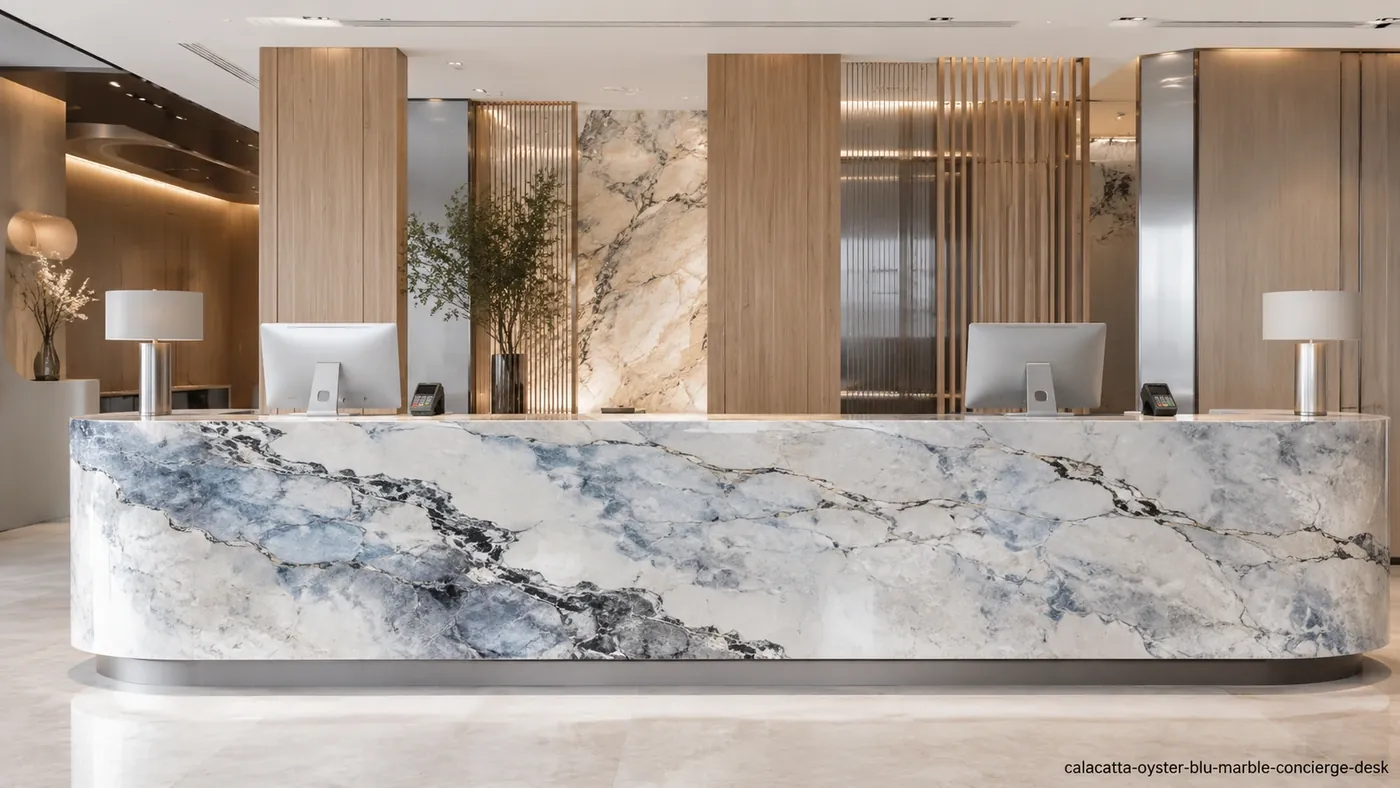 Calacatta Oyster Blu Marble concierge desk with bluish-white stone, blue-grey clouds and slate veining.