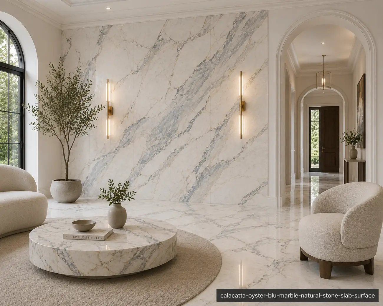 Soft ocean grey slab on a coastal bathroom shower wall, floating vanity and bathtub surround with blue-grey mineral currents.