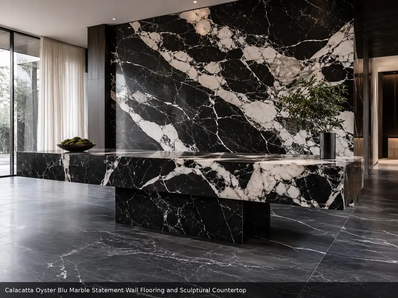sophisticated coastal cladding across statement wall, floor and stone countertop, with natural veining in a refined interior.