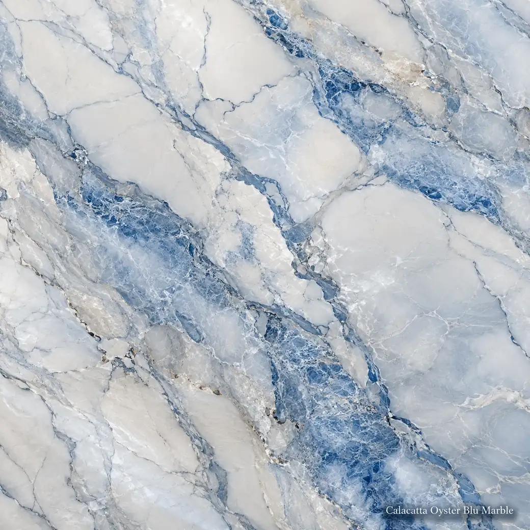 Calacatta Oyster Blu Marble with pearly blue veined stone, misty blue-grey clouds, slate ribbons and polished mineral depth.
