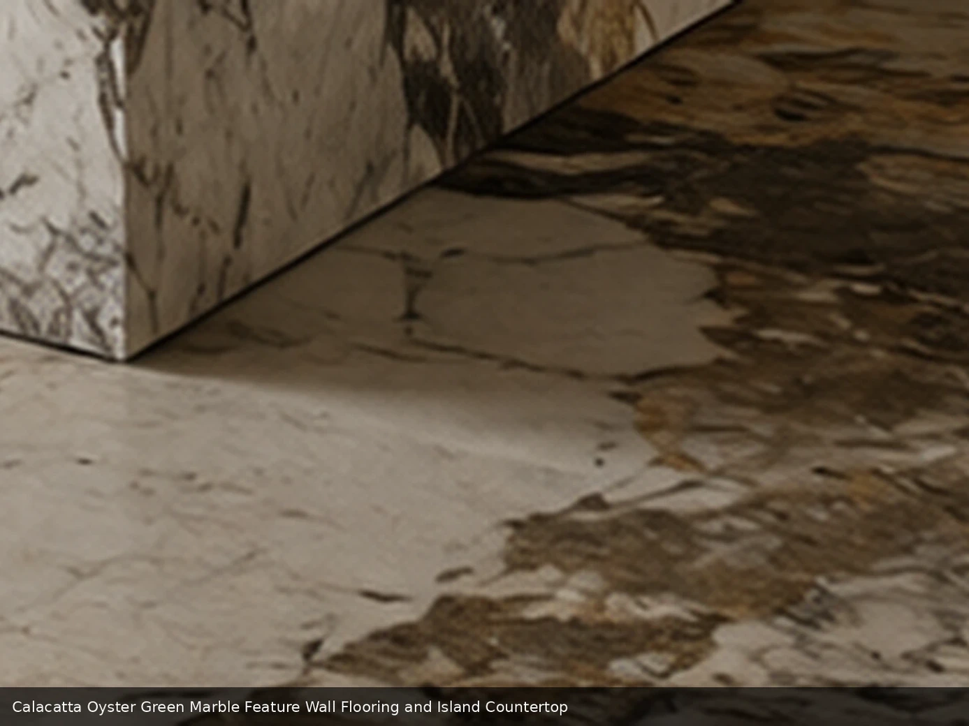 premium earthy decorative surface across feature wall, floor and island countertop, with realistic veining and soft daylight.