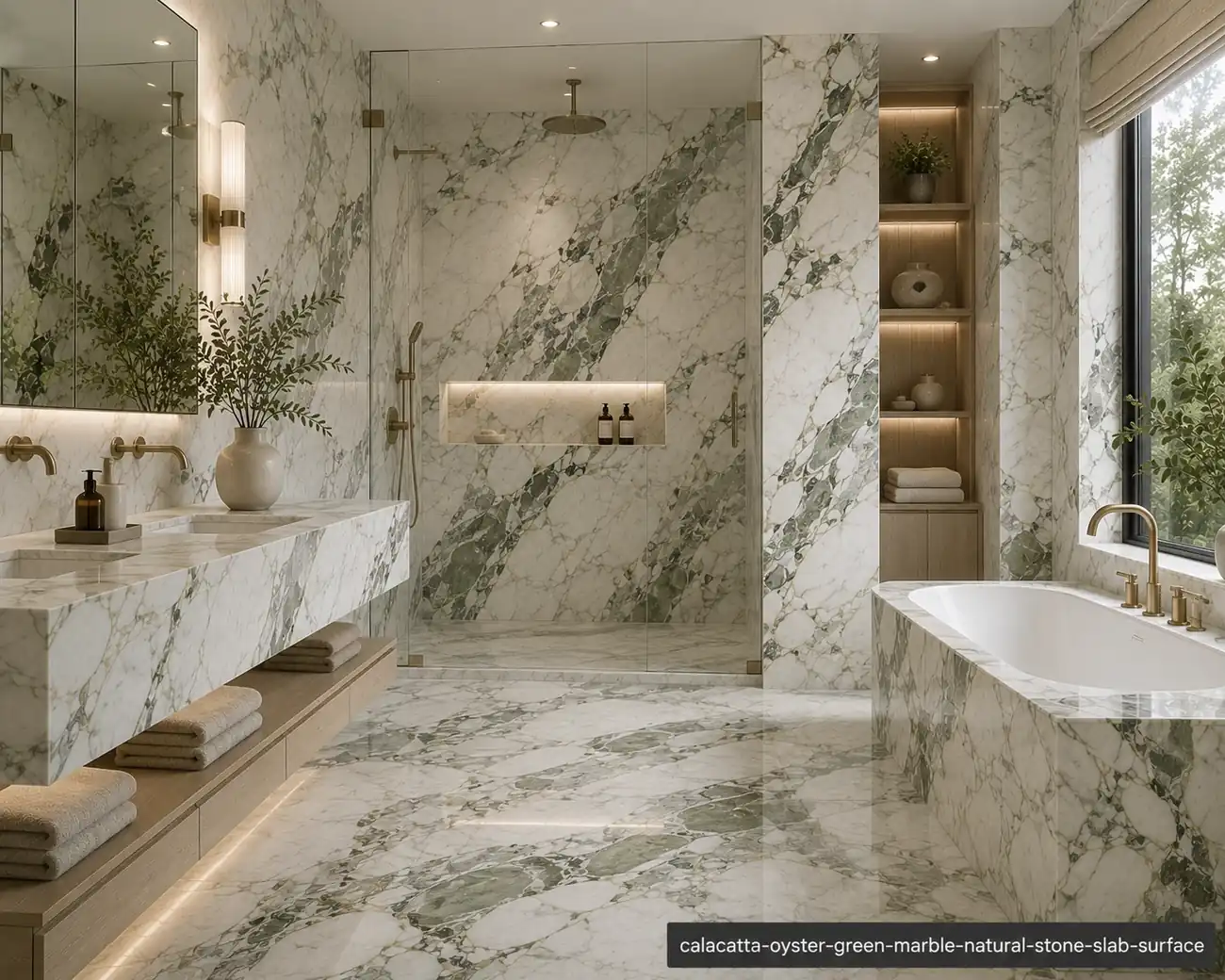 Elegant sage accented slab on a shower wall, vanity and bathtub surround with oyster white, olive and silver-grey movement.