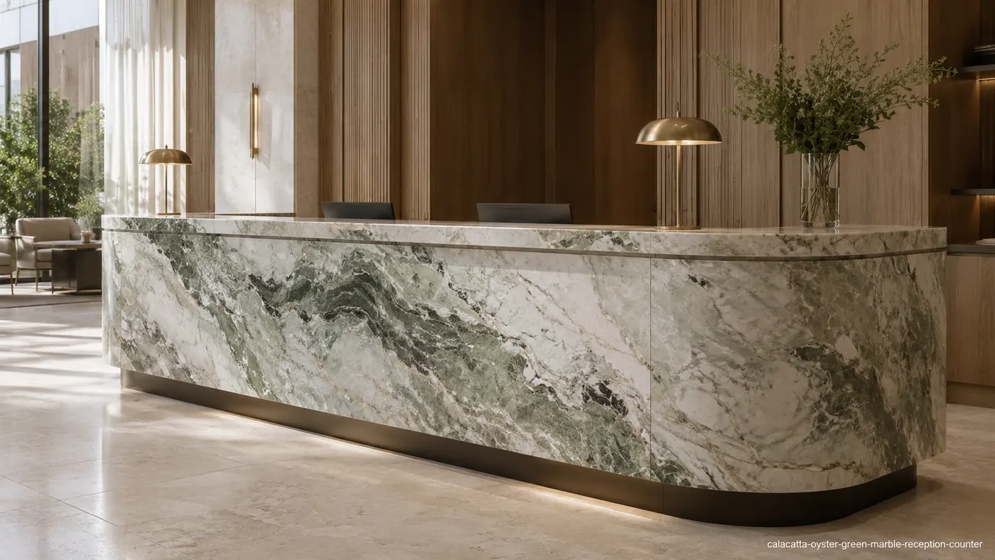 Calacatta Oyster Green Marble reception counter with pale stone and flowing sage, olive and grey veins.