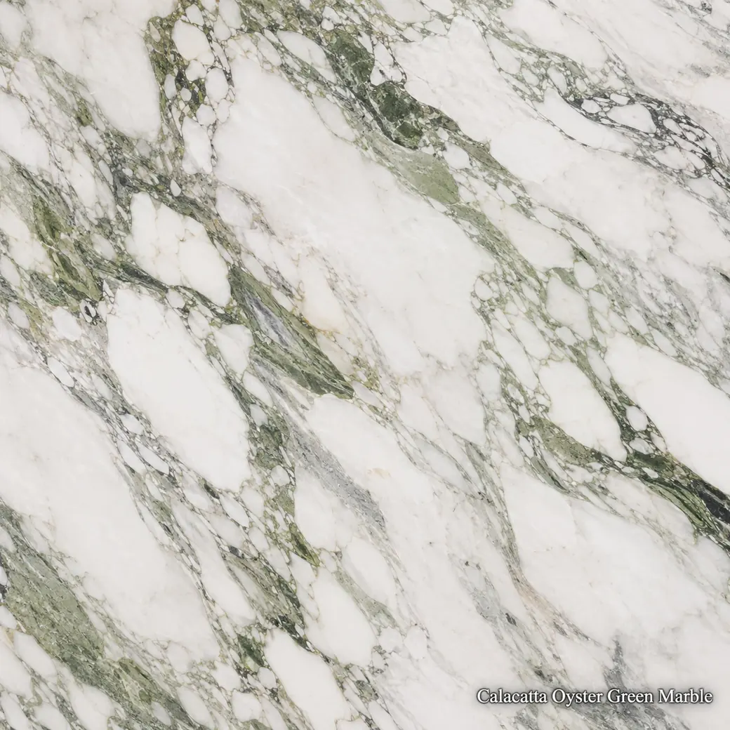 Calacatta Oyster Green Marble with pearly green veined stone, muted sage clouds, olive-grey ribbons and rich polished depth.