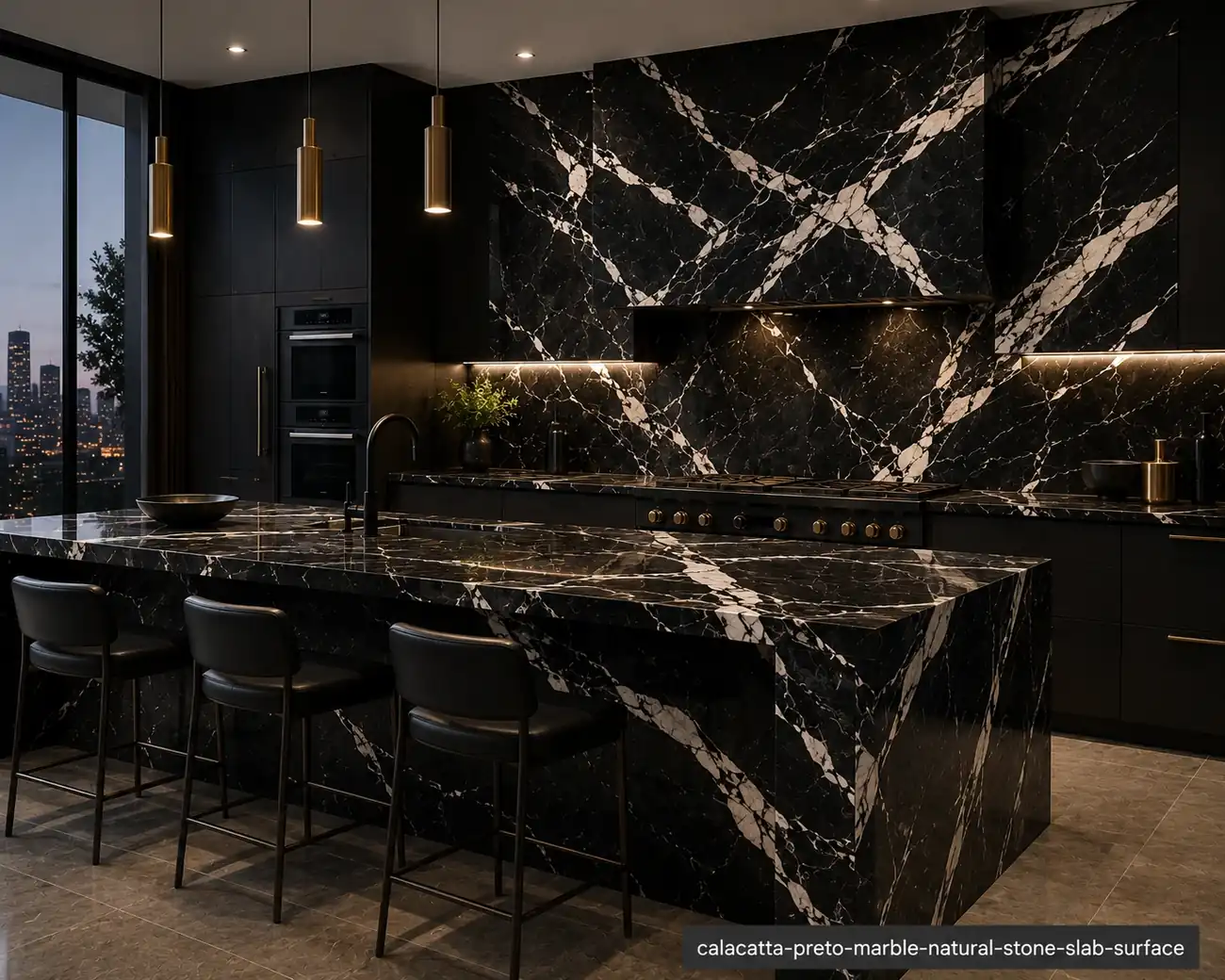 High contrast architectural slab on waterfall kitchen island and bookmatched backsplash with jet-black depth and white veins.