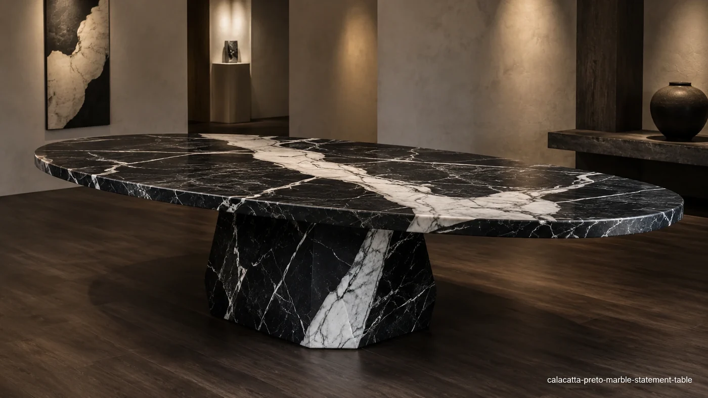 Calacatta Preto Marble statement table with jet-black stone, dramatic white ribbons and a faceted pedestal.