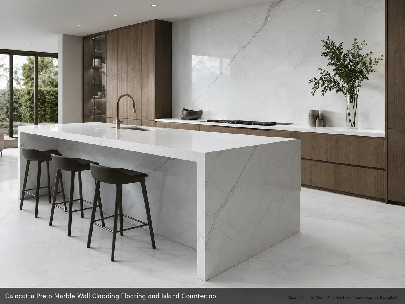 sweeping light vein composition across wall cladding, floor and island countertop, with realistic veining and soft daylight.