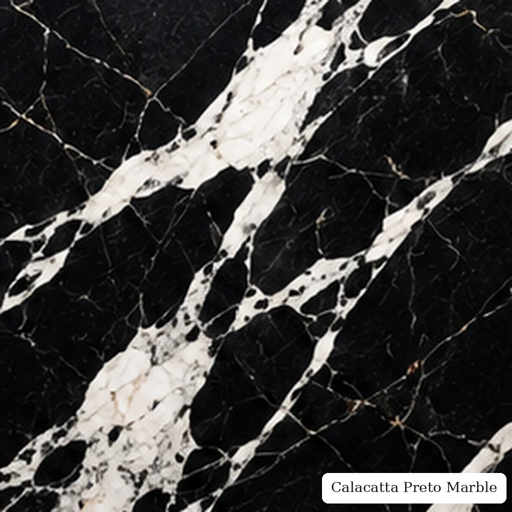 Calacatta Preto Marble with deep black dramatic vein stone, broad white calcite ribbons, grey fractures and polished depth.