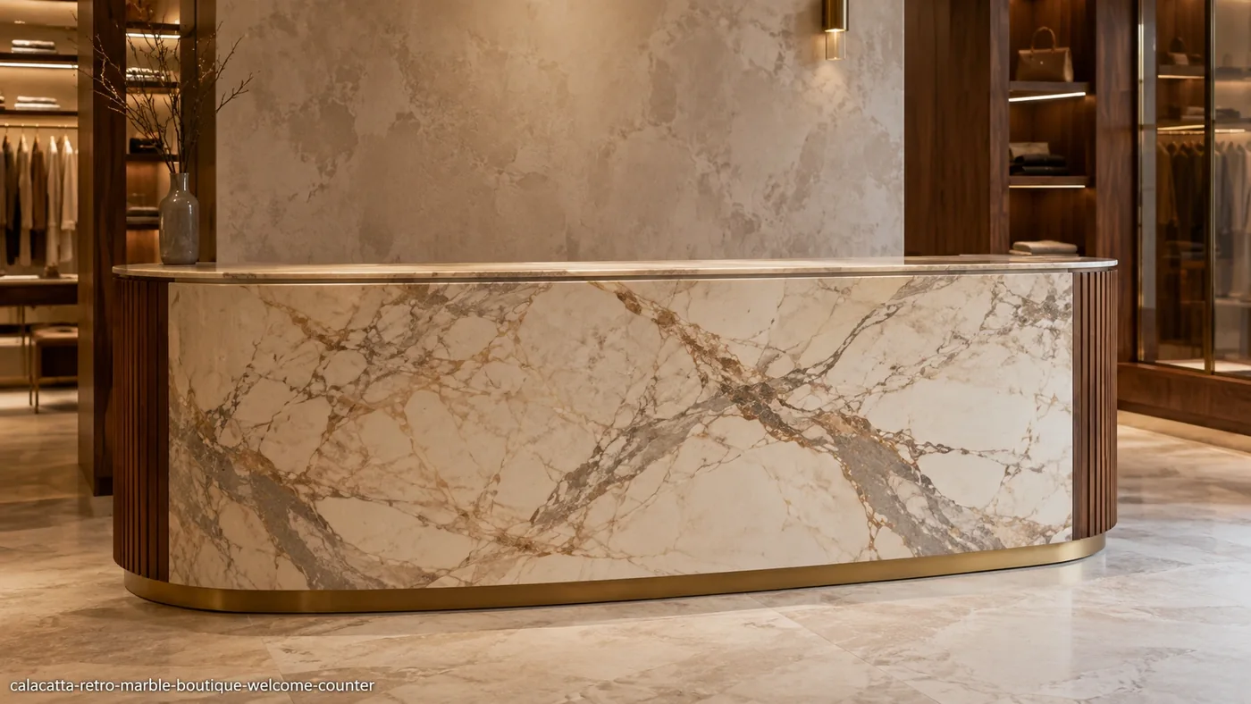 Calacatta Retro Marble boutique welcome counter with vintage beige stone and taupe, brown and muted-gold movement.