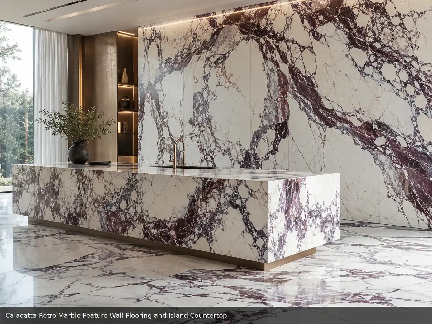 premium classic feature stone across feature wall, floor and island countertop, with natural veining in a refined interior.