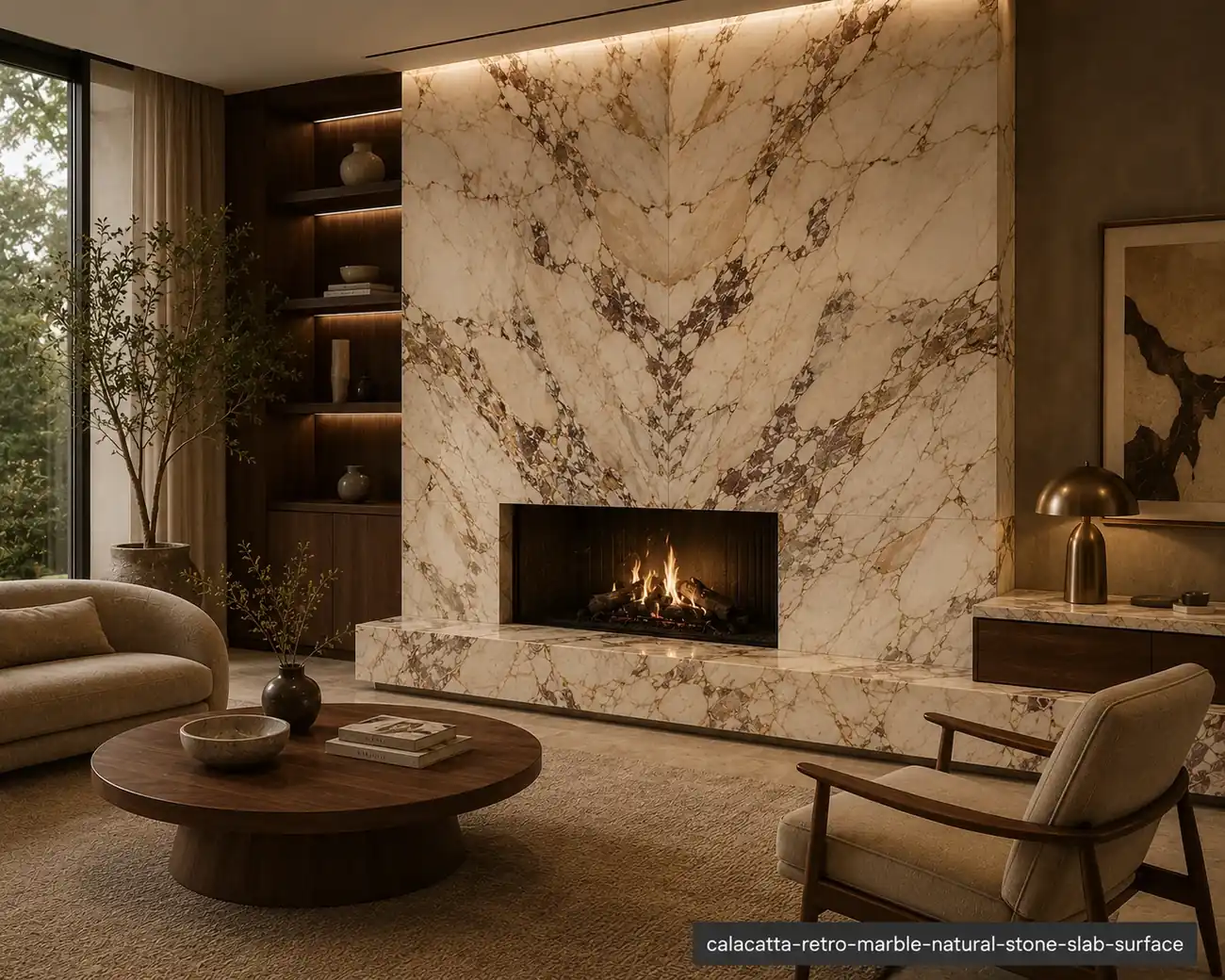 Softly aged mineral pattern on a retro fireplace, credenza and wall panels with ivory, tobacco, taupe and muted gold tones.