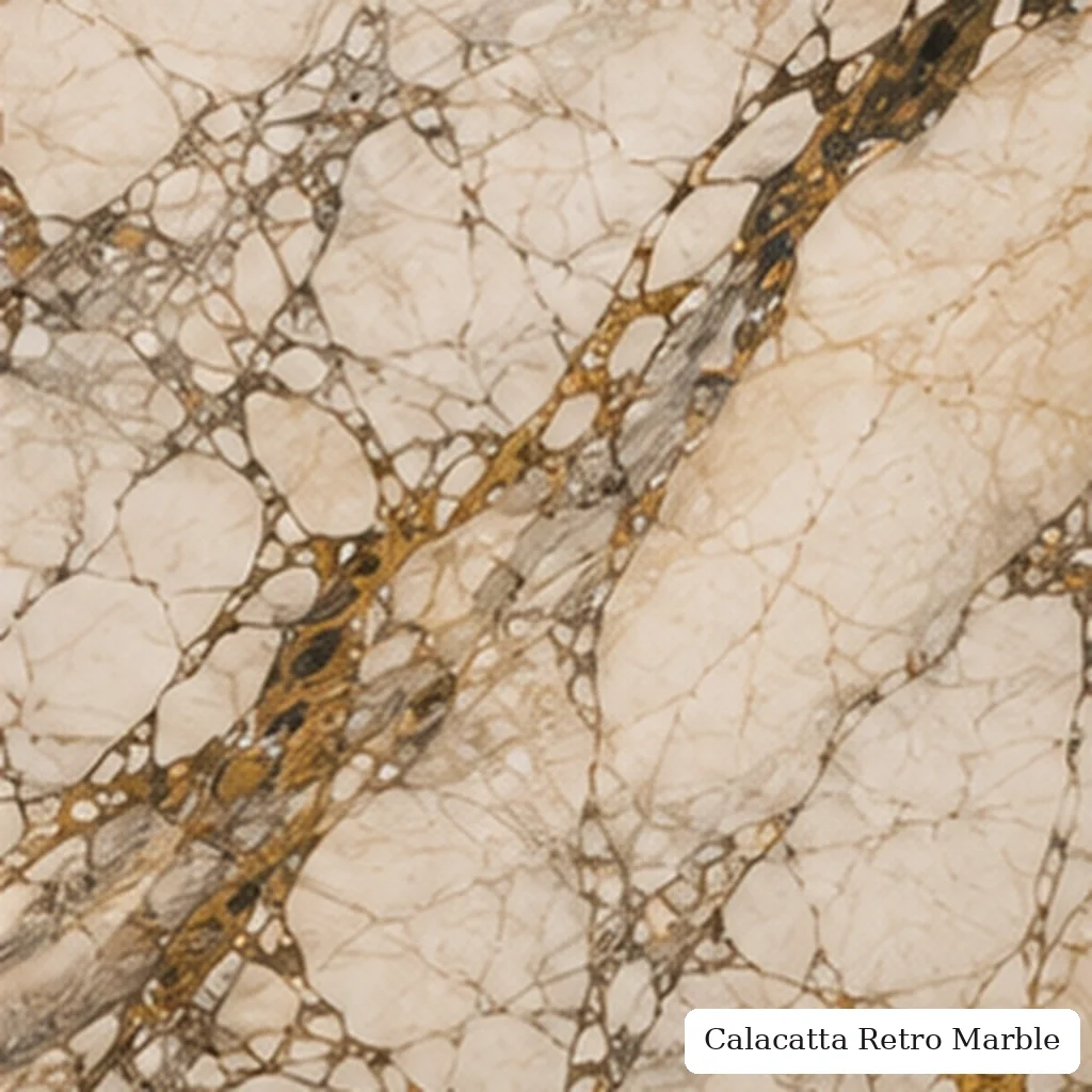 Calacatta Retro Marble with vintage inspired white stone, warm ivory fields, faded brown-gold ribbons and polished finish.