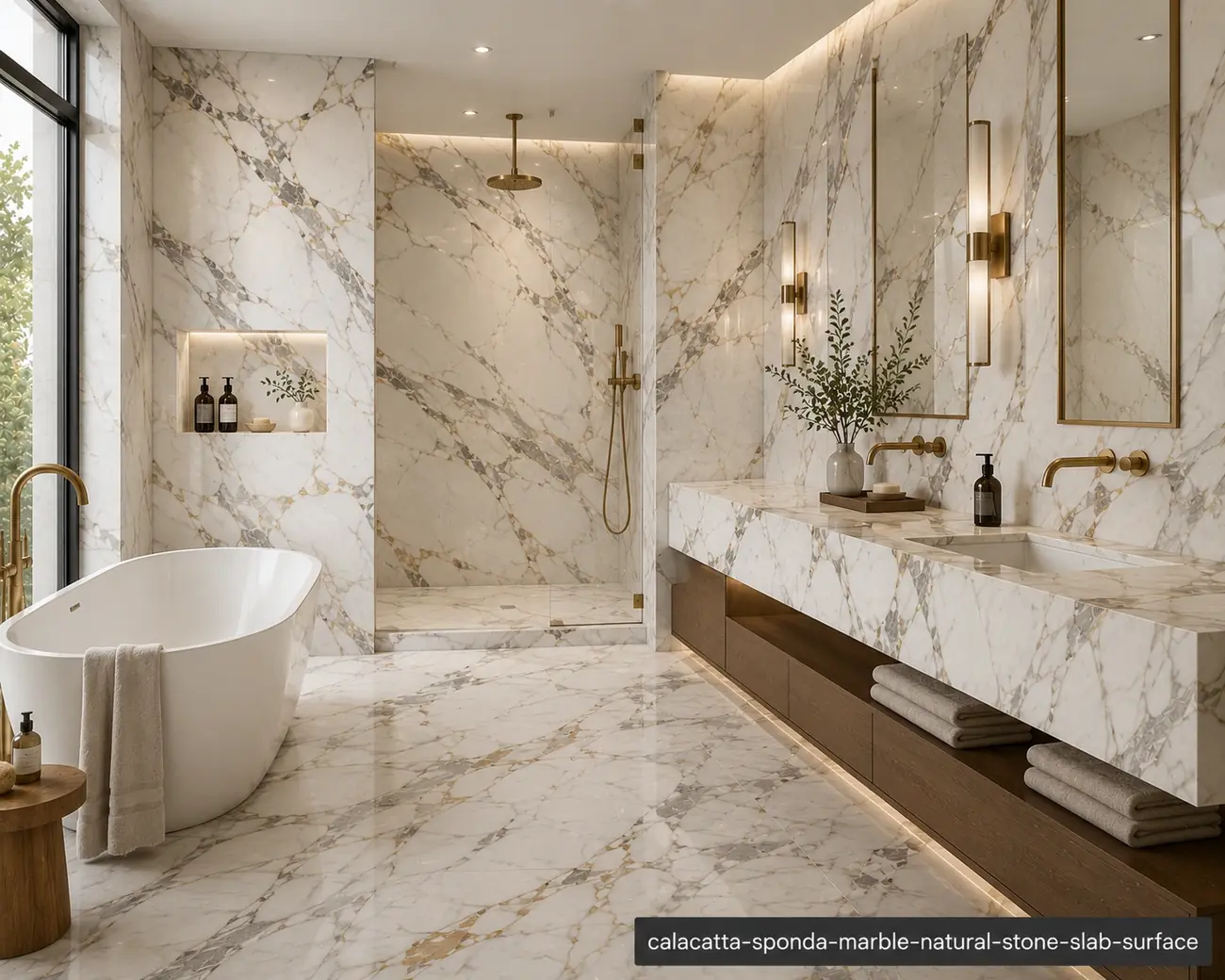 Elegant Italian architectural slab on a bathroom vanity, shower walls, tub surround and floor with refined grey-gold veins.