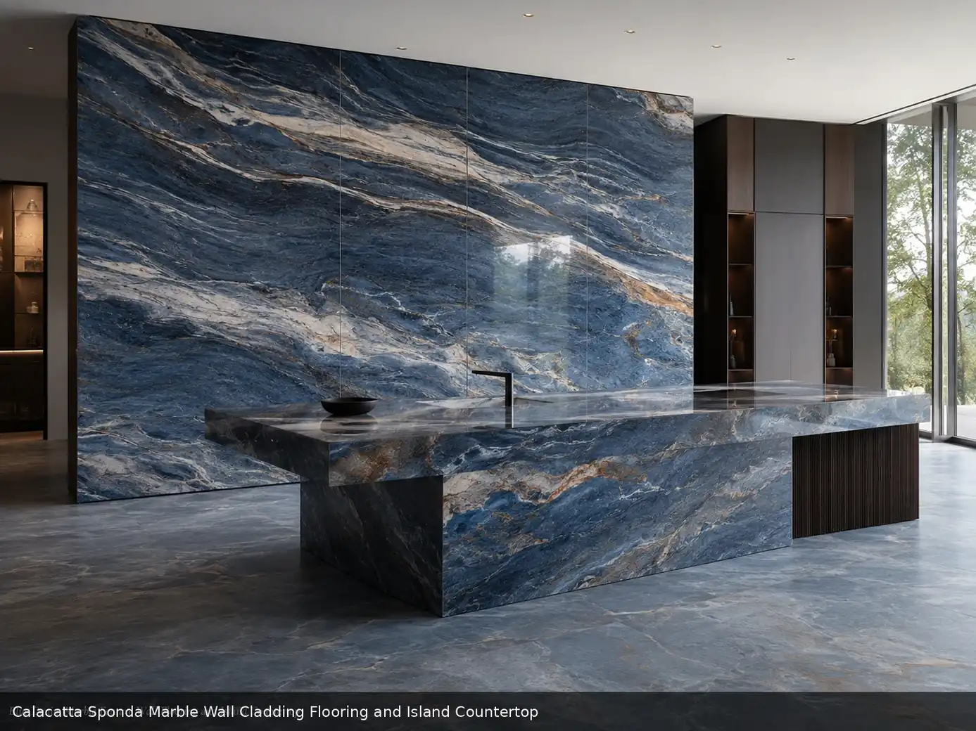 graceful mineral flow across wall cladding, flooring and island countertop, with natural movement in a refined interior.