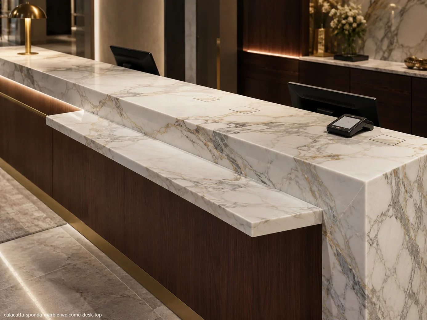 Calacatta Sponda Marble welcome desk top with white stone, grey and taupe veins and subtle honey-gold accents.