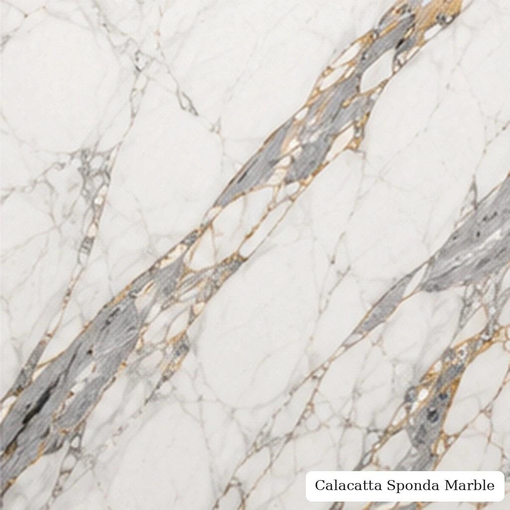 Calacatta Sponda Marble with luminous white feature stone, grey ribbons, honey-gold details and polished crystalline finish.