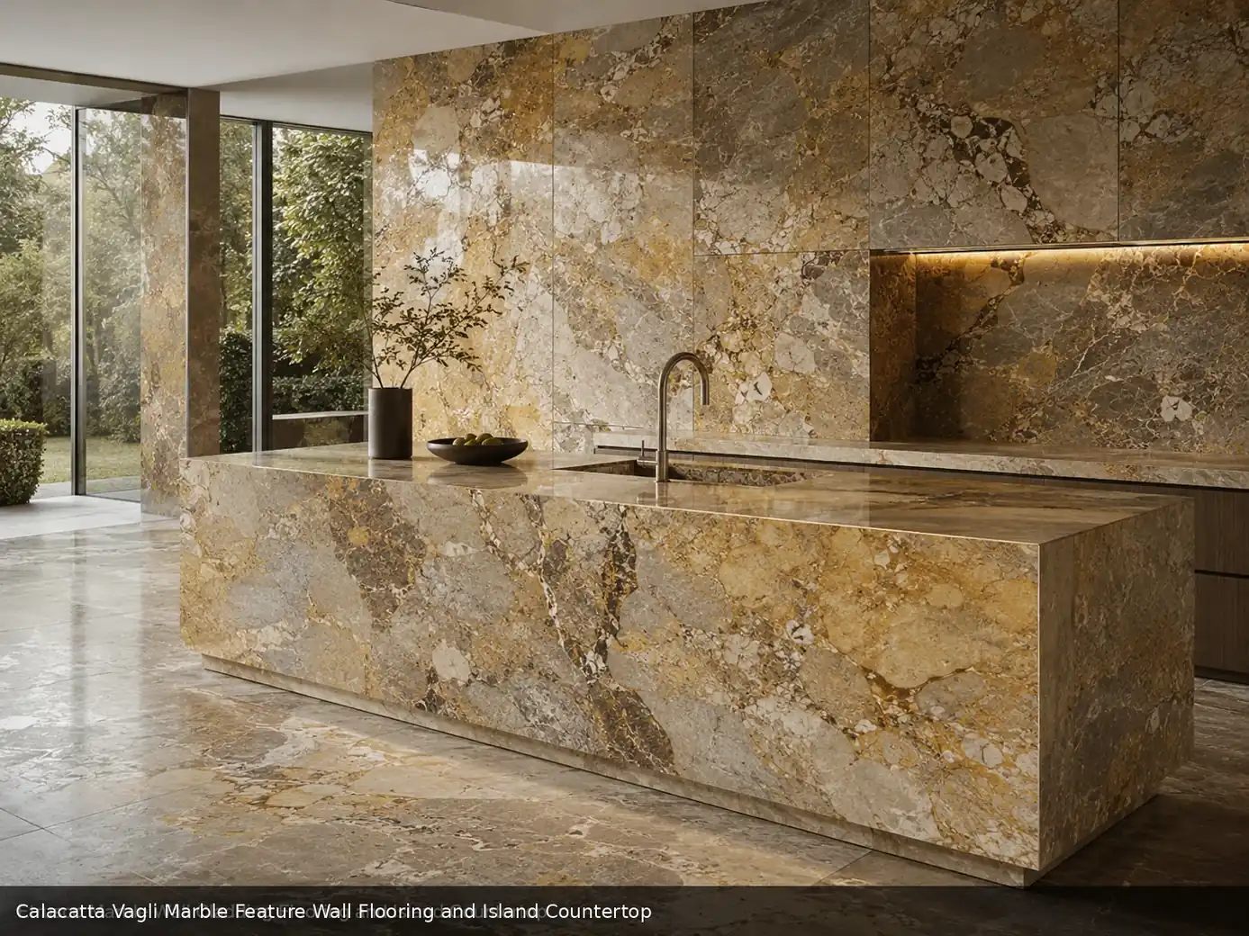 polished luxury statement stone across feature wall, floor and island countertop, with natural veining in a refined interior.
