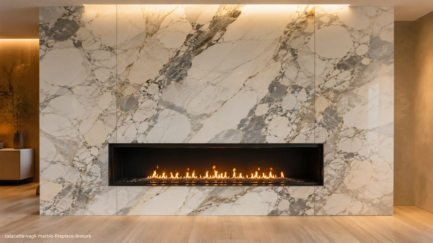 Calacatta Vagli Marble fireplace feature with creamy white stone, grey-blue veins and restrained gold movement.