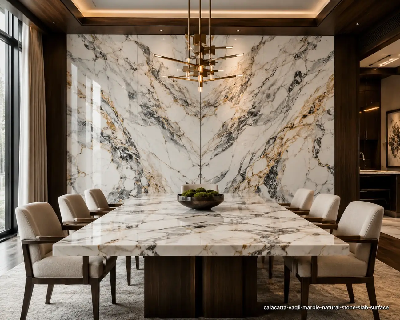 Expressive Italian feature slab on a dining feature wall and table with creamy white, dove-grey, charcoal and amber movement.