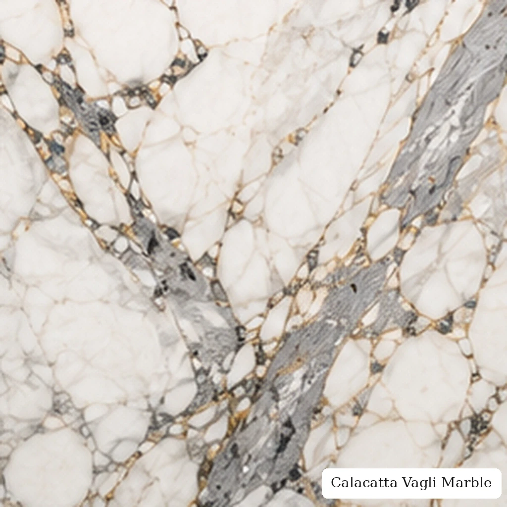 Calacatta Vagli Marble with warm white dramatic stone, grey-blue veins, taupe clouds, amber accents and rich polished depth.