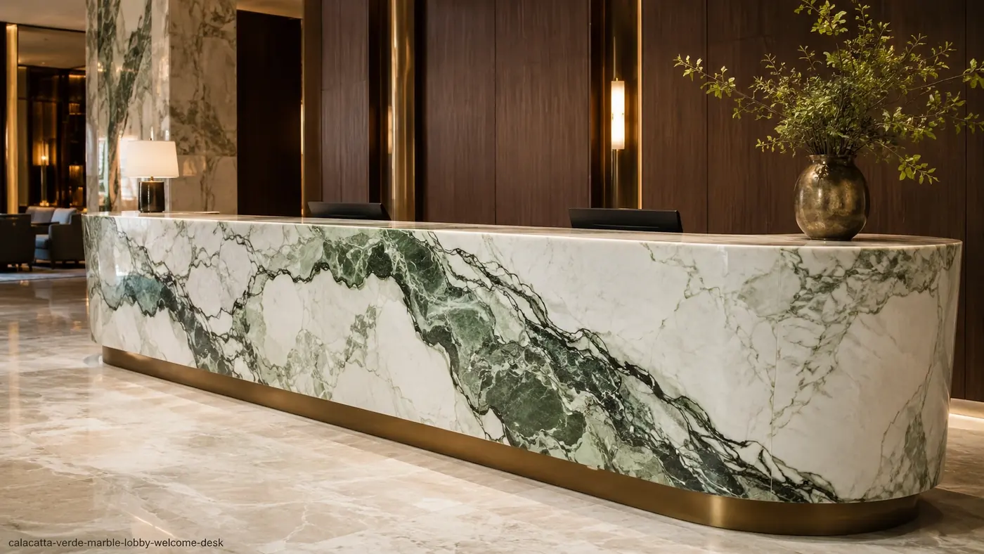 Calacatta Verde Marble lobby welcome desk with creamy white stone and bold mint, emerald and forest-green veins.