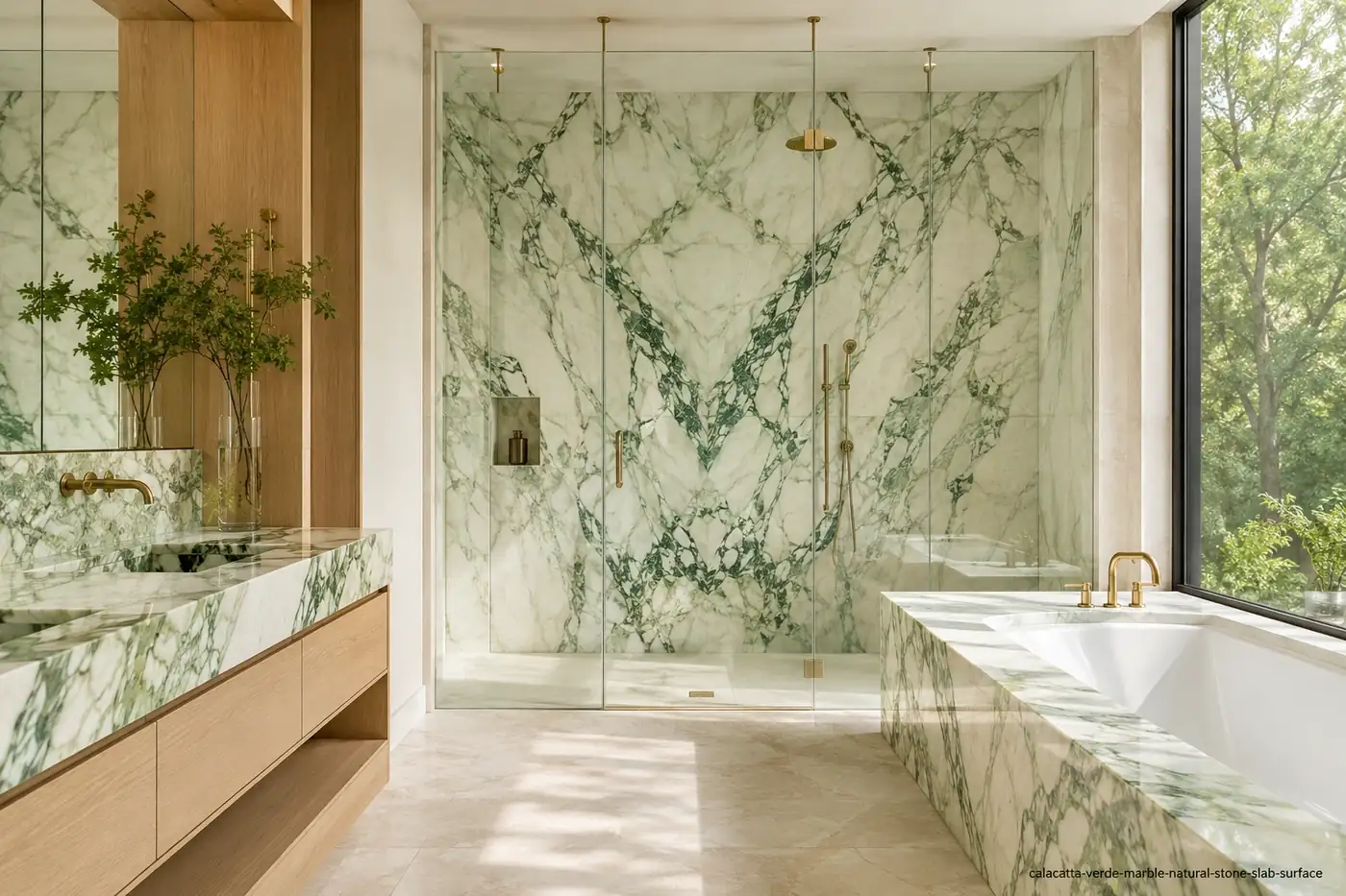 Dramatic forest toned slab on a wellness shower wall, vanity and bathtub surround with ivory, sage and emerald green veins.