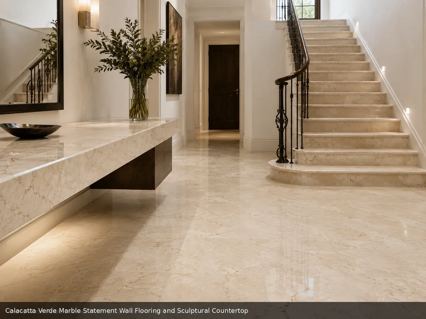 premium green accented cladding across statement wall, floor and stone countertop, with realistic veining and soft daylight.