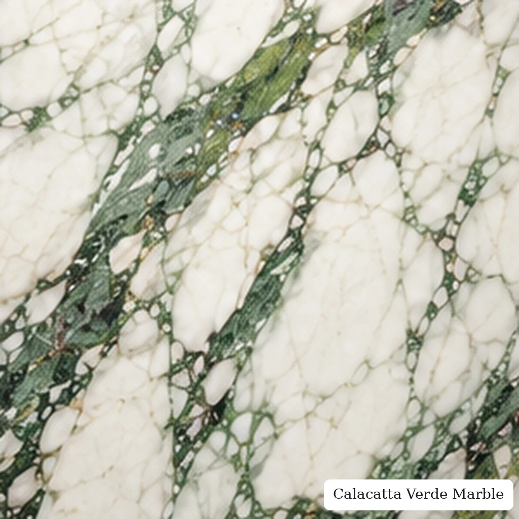 Calacatta Verde Marble with white stone with green movement, sage ribbons, emerald veins and rich luminous polished depth.